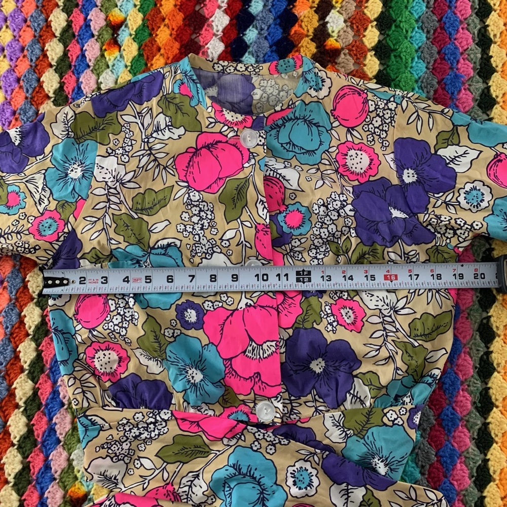 Vintage 70s Elephant Pants Matching Tie Crop Top Neon Floral Psychedelic… - Picture 9 of 14